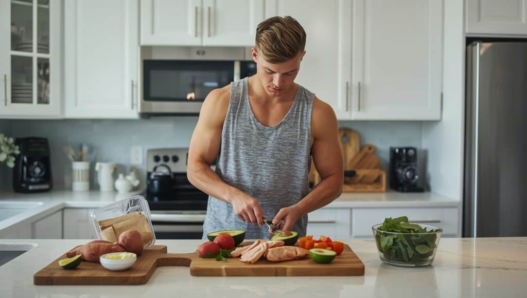 A young athlete preparing a meal with balanced macronutrients, demonstrating why athletes need to understand their nutrition.