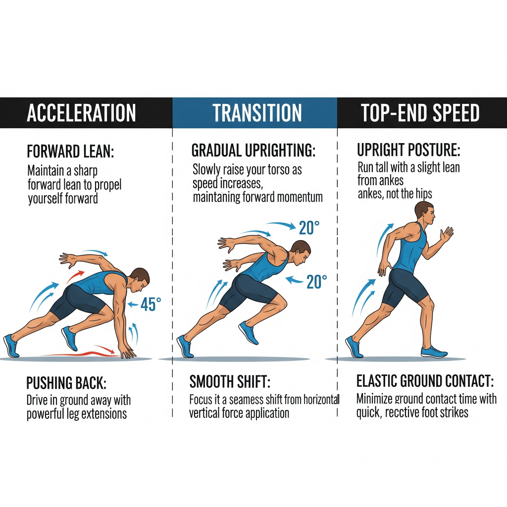 Infographic illustrating the three key phases of the sprinting motion: acceleration, transition, and top-end speed.