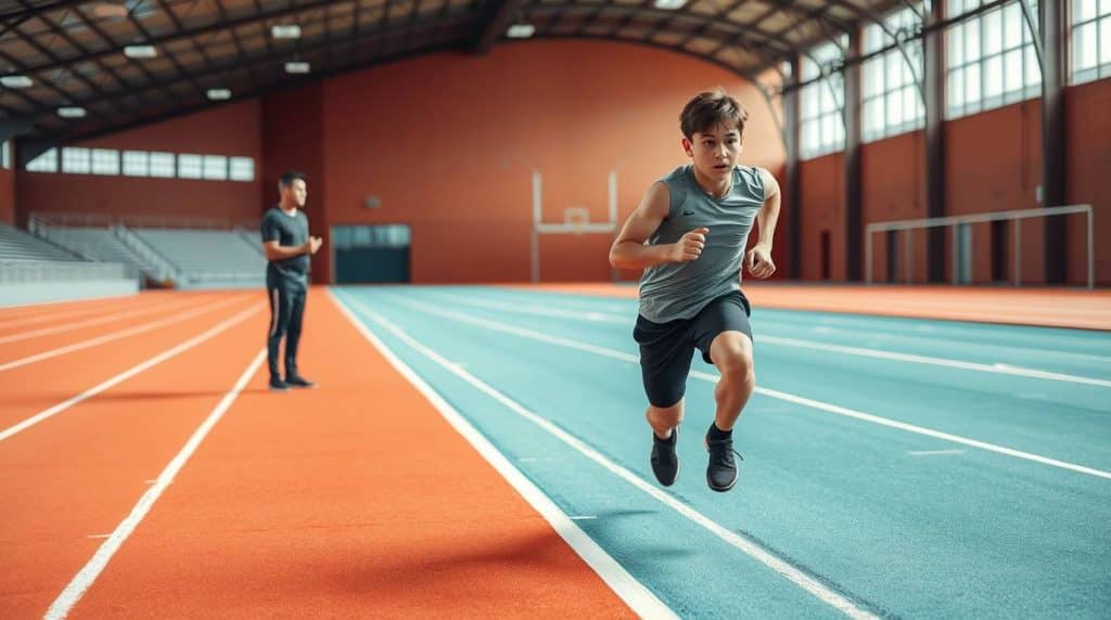 An athlete exploding from a starting block, illustrating the key phases of the sprinting motion at a training facility in New Port Richey, Florida.